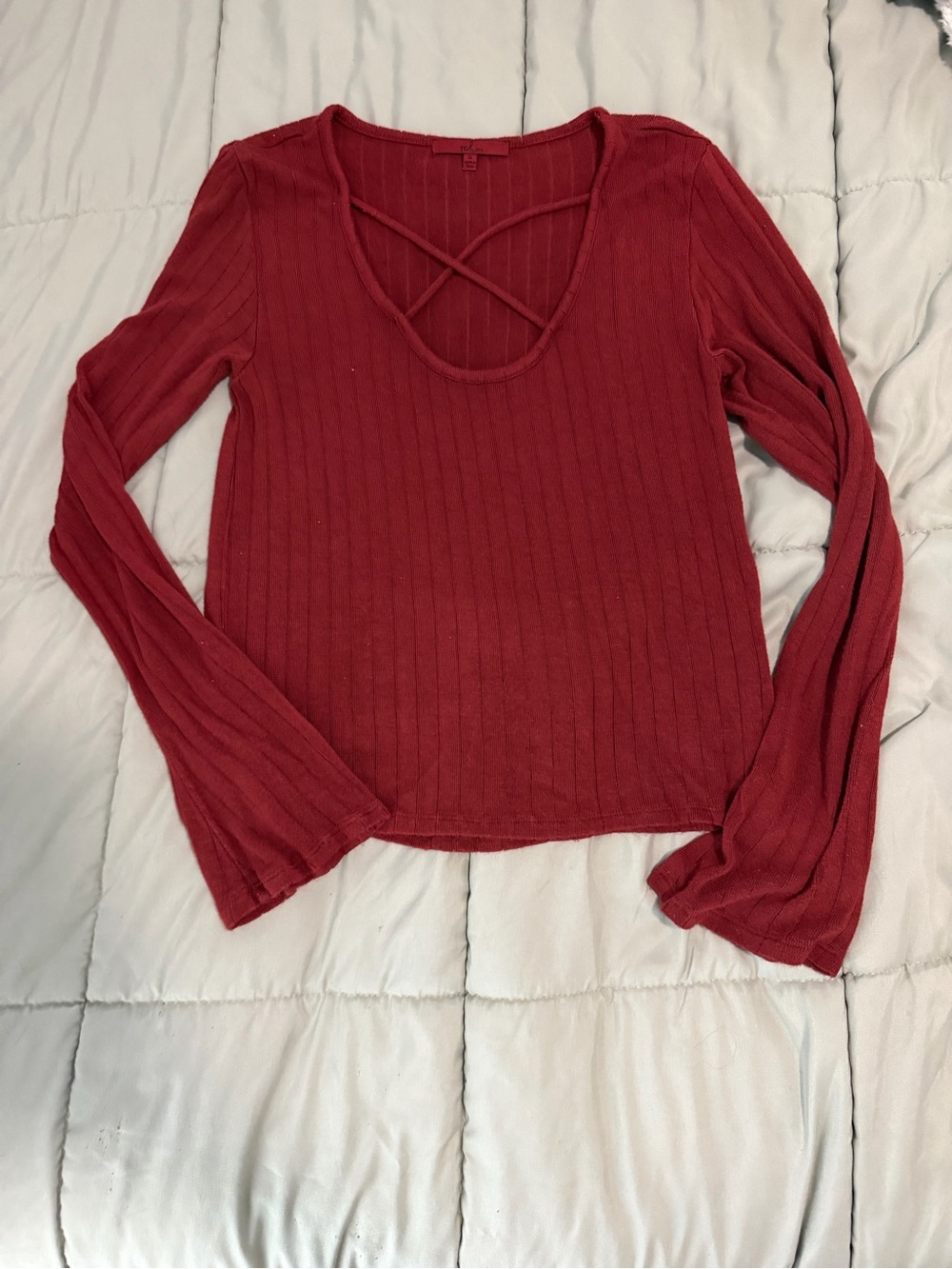 Women’s Ribbed Long-Sleeve Scoop Neck Top with Crisscross Detail - Red